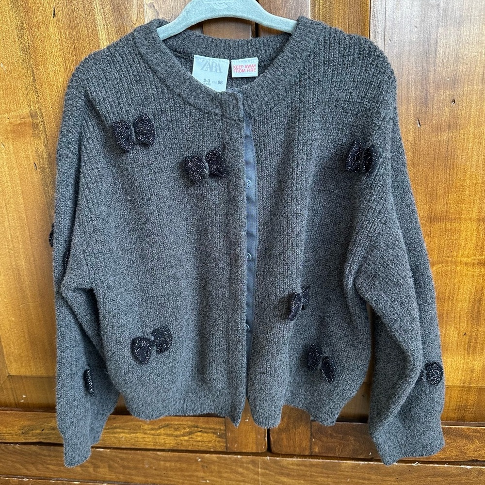 NEW Zara Toddler Girls Grey Snap Cardigan Sweater with Bows Size 2-3